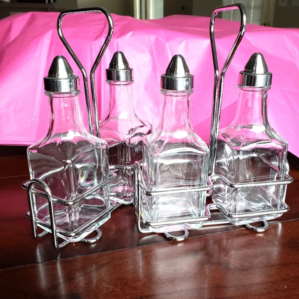 2 Sets, Oil & Vinegar Bottles w/ Metal Caddy & Oil & Vinegar Glass Shakers - Picture 10 of 11